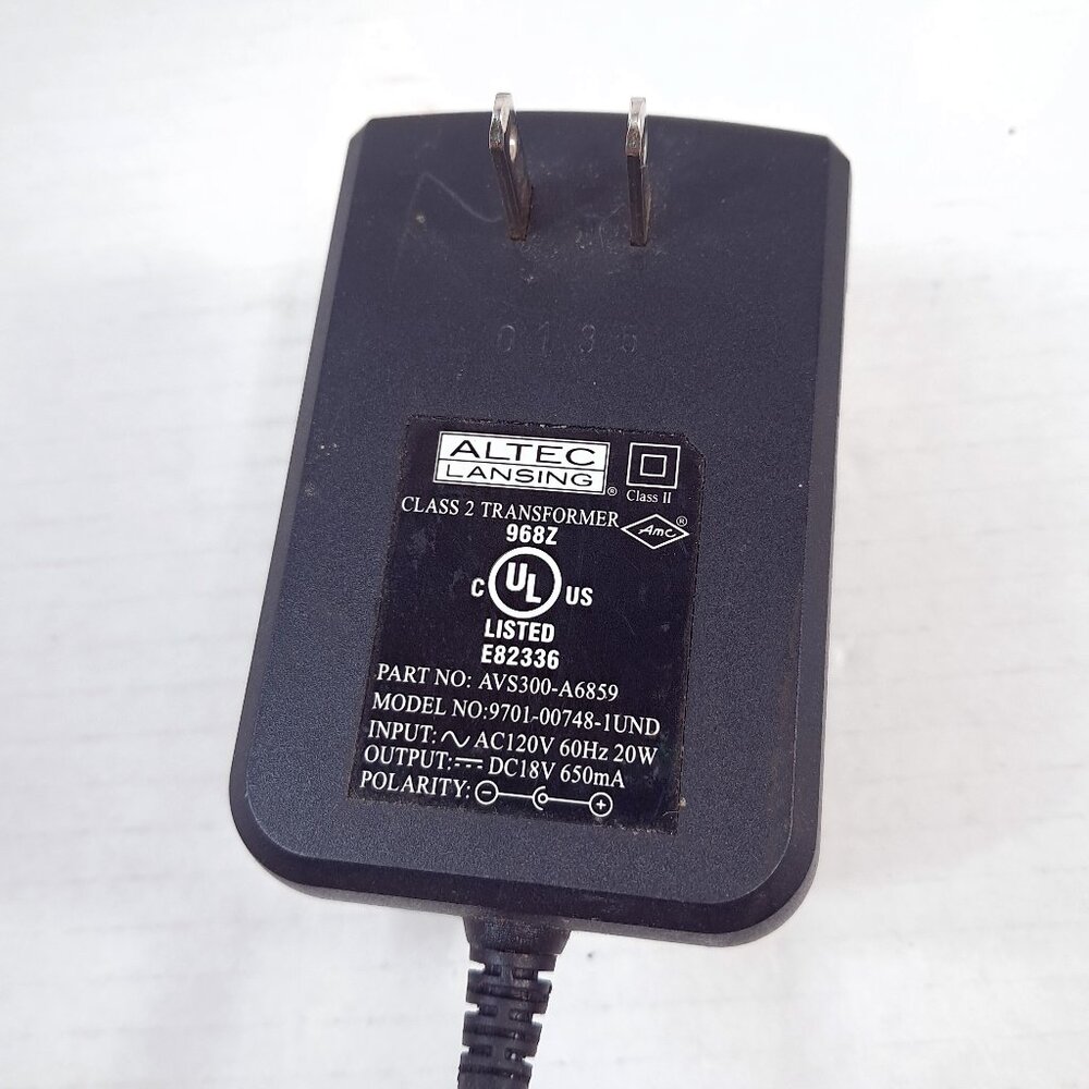 Altec Lansing AVS300-A6859‎ Class 2 Transformer 120V AC input 18V DC output